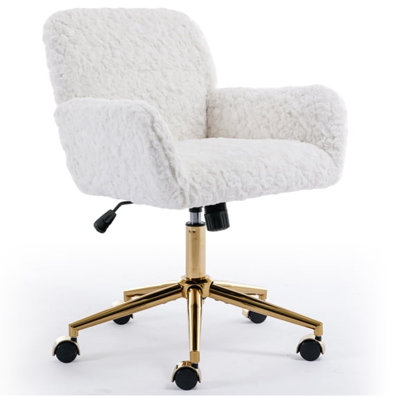 PAPROOS Vanity Chair with Back, Home Office Chair, Ergonomic Home Desk Chair with Artificial Rabbit Hair, Adjustable Swivel Task Computer Chair with Arm, Wheels, Beige