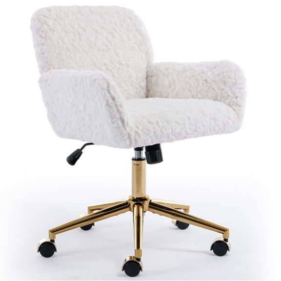 PAPROOS Vanity Chair with Back, Home Office Chair, Ergonomic Home Desk Chair with Artificial Rabbit Hair, Adjustable Swivel Task Computer Chair with Arm, Wheels, Beige