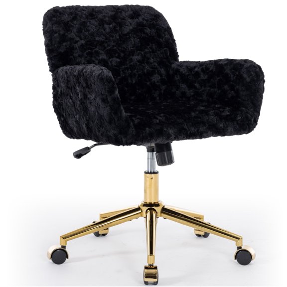 PORKISS Vanity Chair with Back, Home Office Chair, Ergonomic Home Desk Chair with Artificial Rabbit Hair, Adjustable Swivel Task Computer Chair with Arm, Wheels, Black
