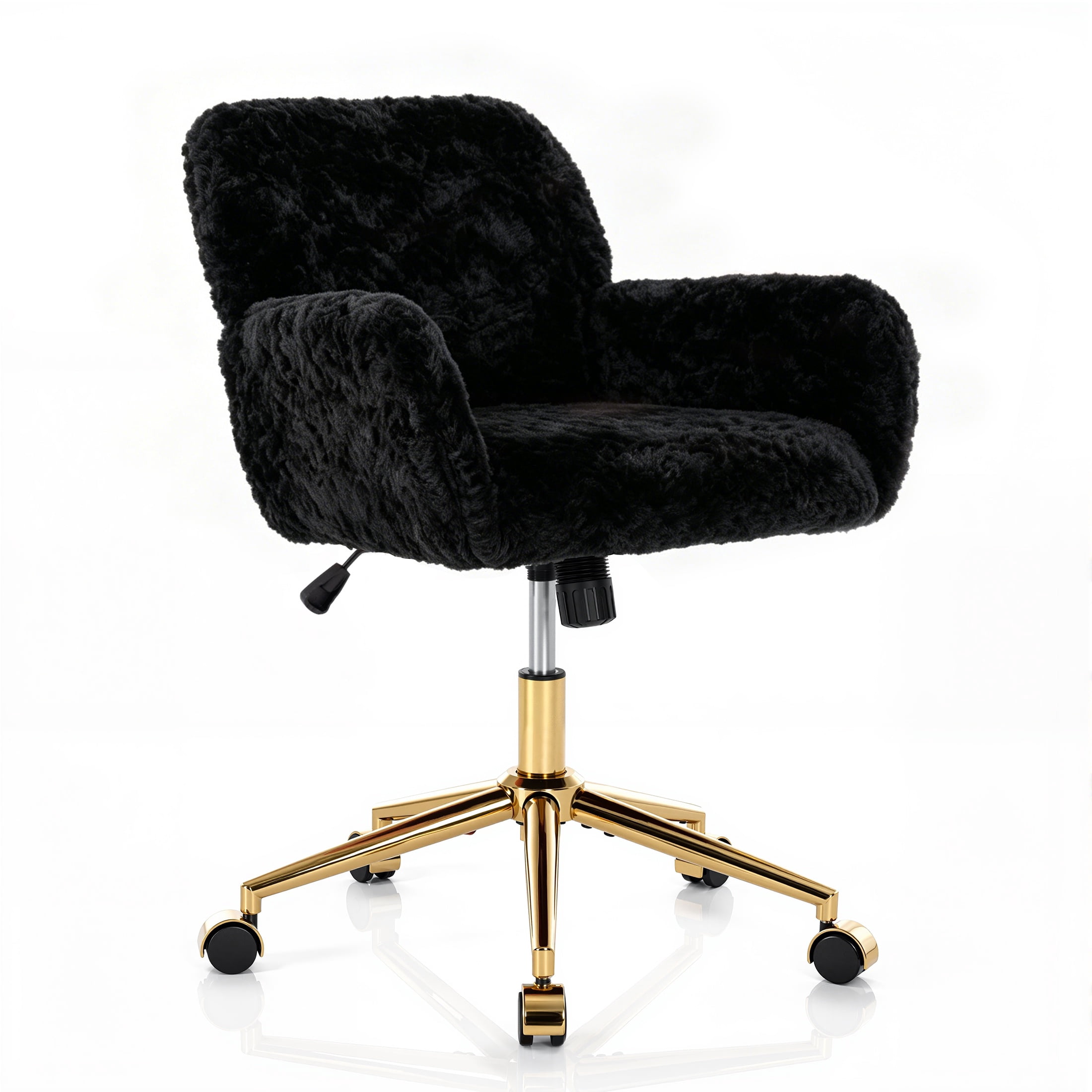 PAPROOS Vanity Chair with Back, Adjustable Swivel Makeup Desk Chair with Wheels and Arms, Fluffy Home Office Task Chair with Artificial Rabbit Hair for Bedroom, Dorm, Study Room, Black