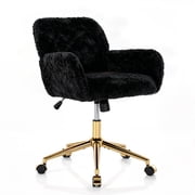 PAPROOS Vanity Chair with Back, Adjustable Swivel Makeup Desk Chair with Wheels and Arms, Fluffy Home Office Task Chair with Artificial Rabbit Hair for Bedroom, Dorm, Study Room, Black