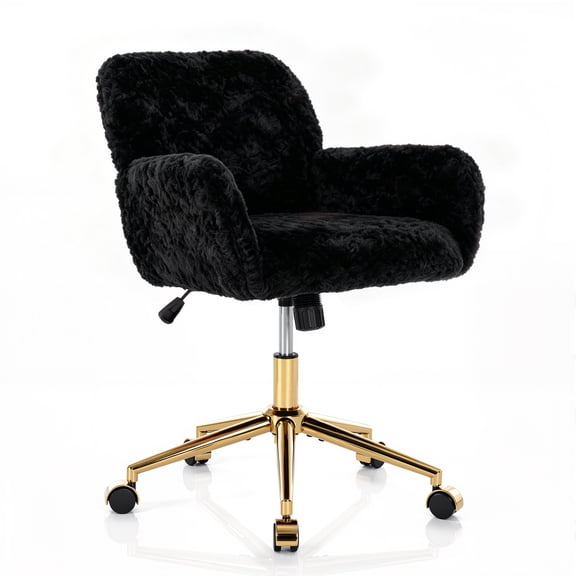 PAPROOS Vanity Chair with Back, Home Office Chair, Ergonomic Home Desk Chair with Artificial Rabbit Hair, Adjustable Swivel Task Computer Chair with Arm, Wheels, Black