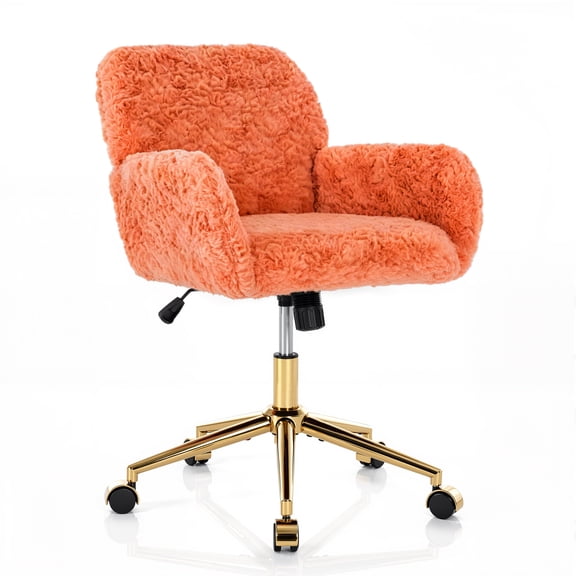 PAPROOS Vanity Chair with Back, Home Office Chair, Ergonomic Home Desk Chair with Artificial Rabbit Hair, Adjustable Swivel Task Computer Chair with Arm, Wheels, Orange