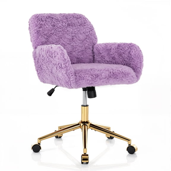 PAPROOS Vanity Chair with Back, Adjustable Swivel Makeup Desk Chair with Wheels and Arms, Fluffy Home Office Task Chair with Artificial Rabbit Hair for Bedroom, Dorm, Study Room, Violet