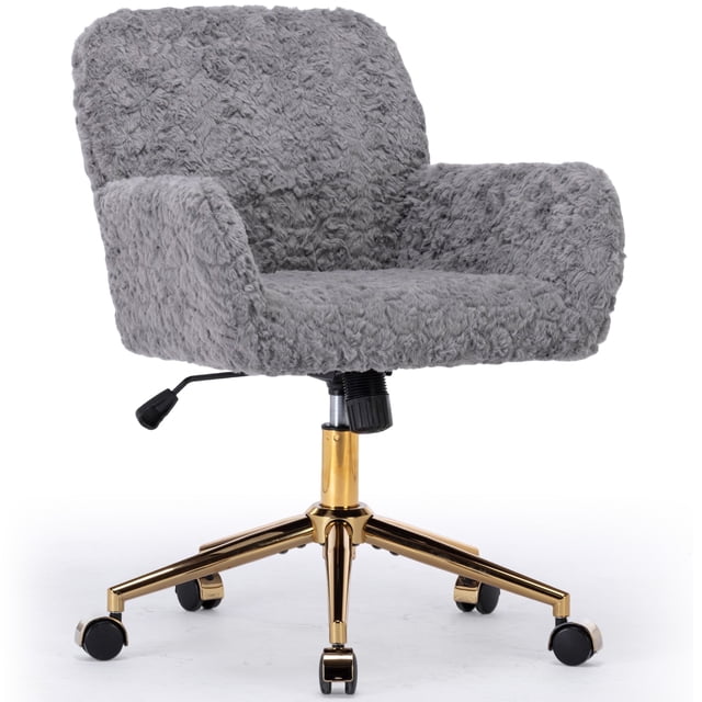 PAPROOS Vanity Chair with Back, Home Office Chair, Ergonomic Home Desk Chair with Artificial Rabbit Hair, Adjustable Swivel Task Computer Chair with Arm, Wheels, Gray