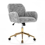 PAPROOS Vanity Chair with Back, Adjustable Swivel Makeup Desk Chair with Wheels and Arms, Fluffy Home Office Task Chair with Artificial Rabbit Hair for Bedroom, Dorm, Study Room, Gray