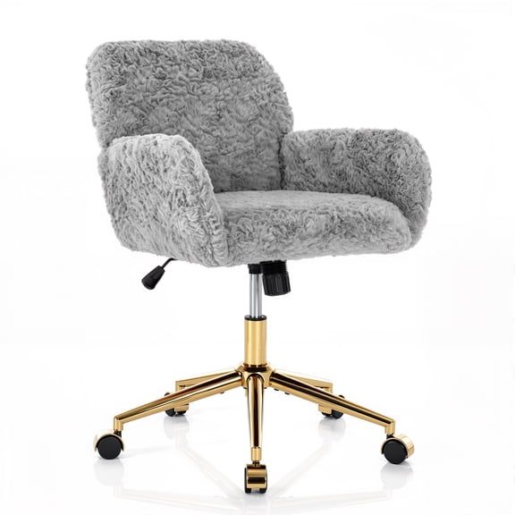 PAPROOS Vanity Chair with Back, Adjustable Swivel Makeup Desk Chair with Wheels and Arms, Fluffy Home Office Task Chair with Artificial Rabbit Hair for Bedroom, Dorm, Study Room, Gray
