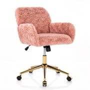 PAPROOS Vanity Chair with Back, Adjustable Swivel Makeup Desk Chair with Wheels and Arms, Fluffy Home Office Task Chair with Artificial Rabbit Hair for Bedroom, Dorm, Study Room, Pink
