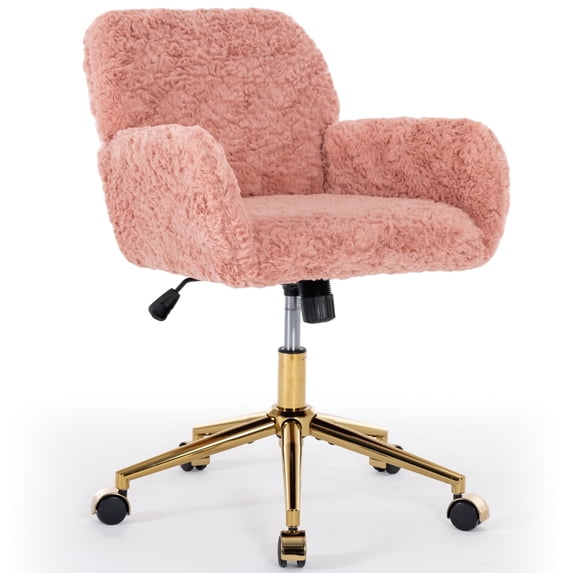 PAPROOS Vanity Chair with Back, Home Office Chair, Ergonomic Home Desk Chair with Artificial Rabbit Hair, Adjustable Swivel Task Computer Chair with Arm, Wheels, Pink
