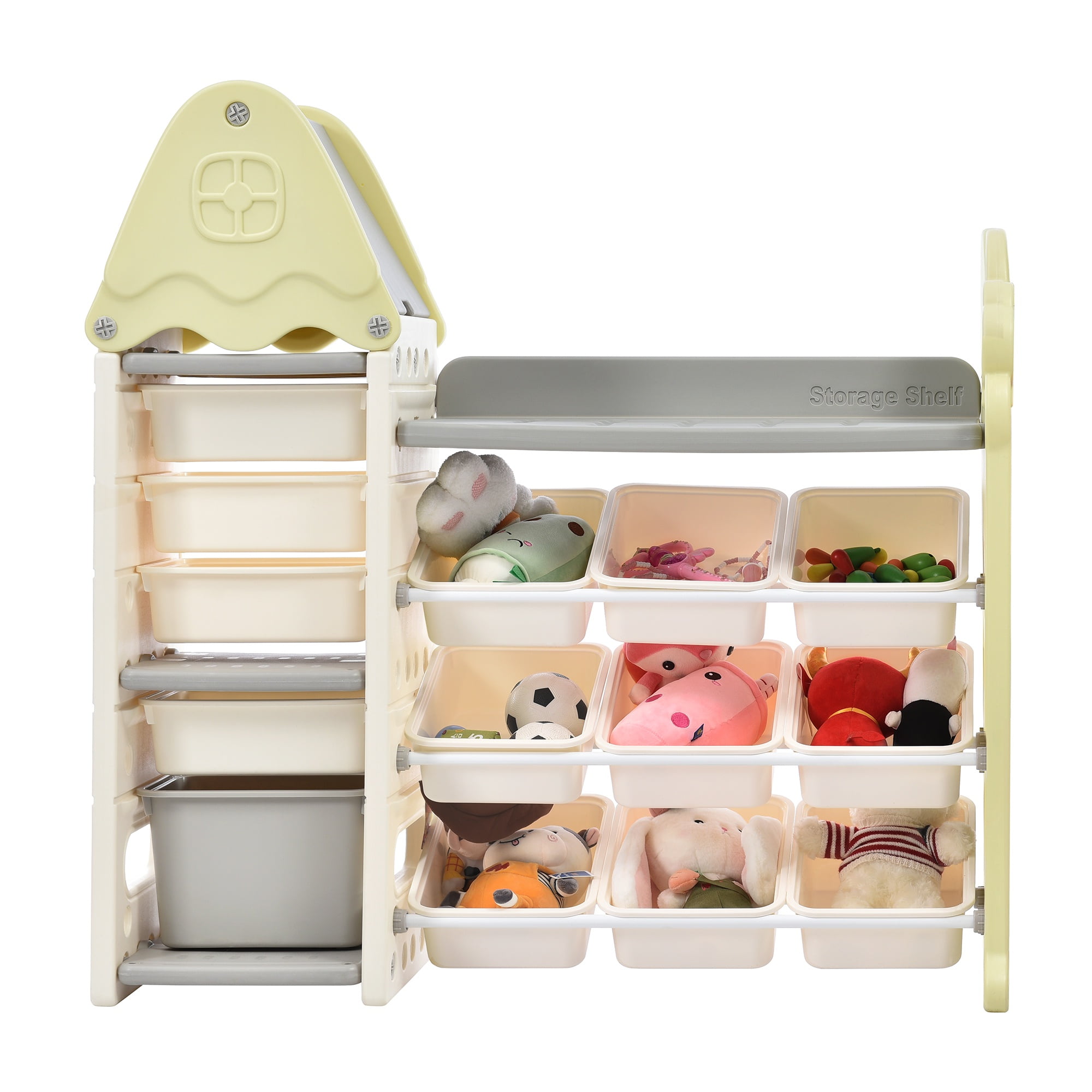PORKISS Kids Bookshelf, HDPE Toy Storage Organizer with 14 Bins, Multi-Functional Bookshelf for Kids for Living Room, Bedroom, Nursery, Playroom, Light Green