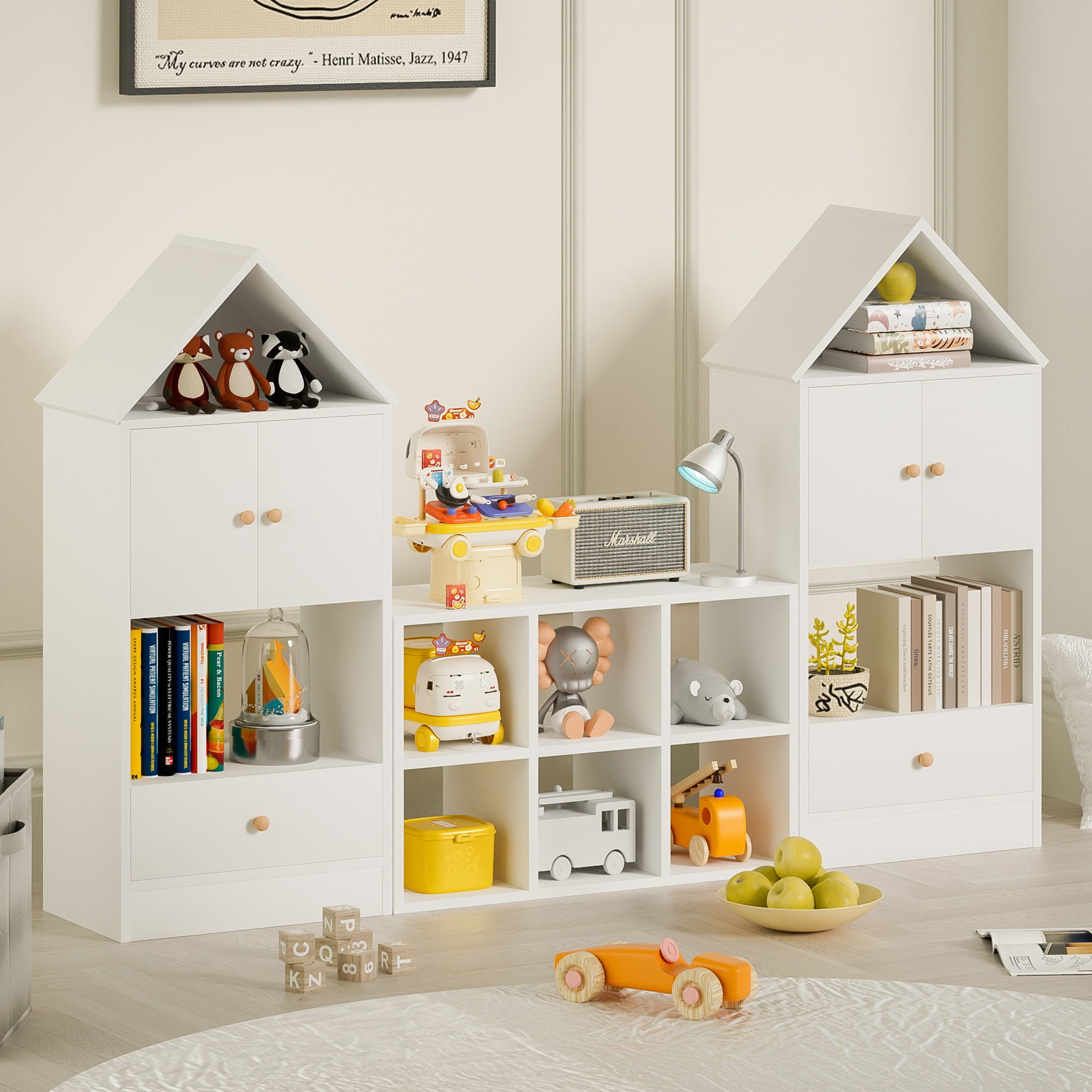 PORKISS Kids Bookshelf, Wooden Bookshelf for Kids with House-Shaped Design, Modern Toy Organizer with Storage for Playroom, Bedroom, White