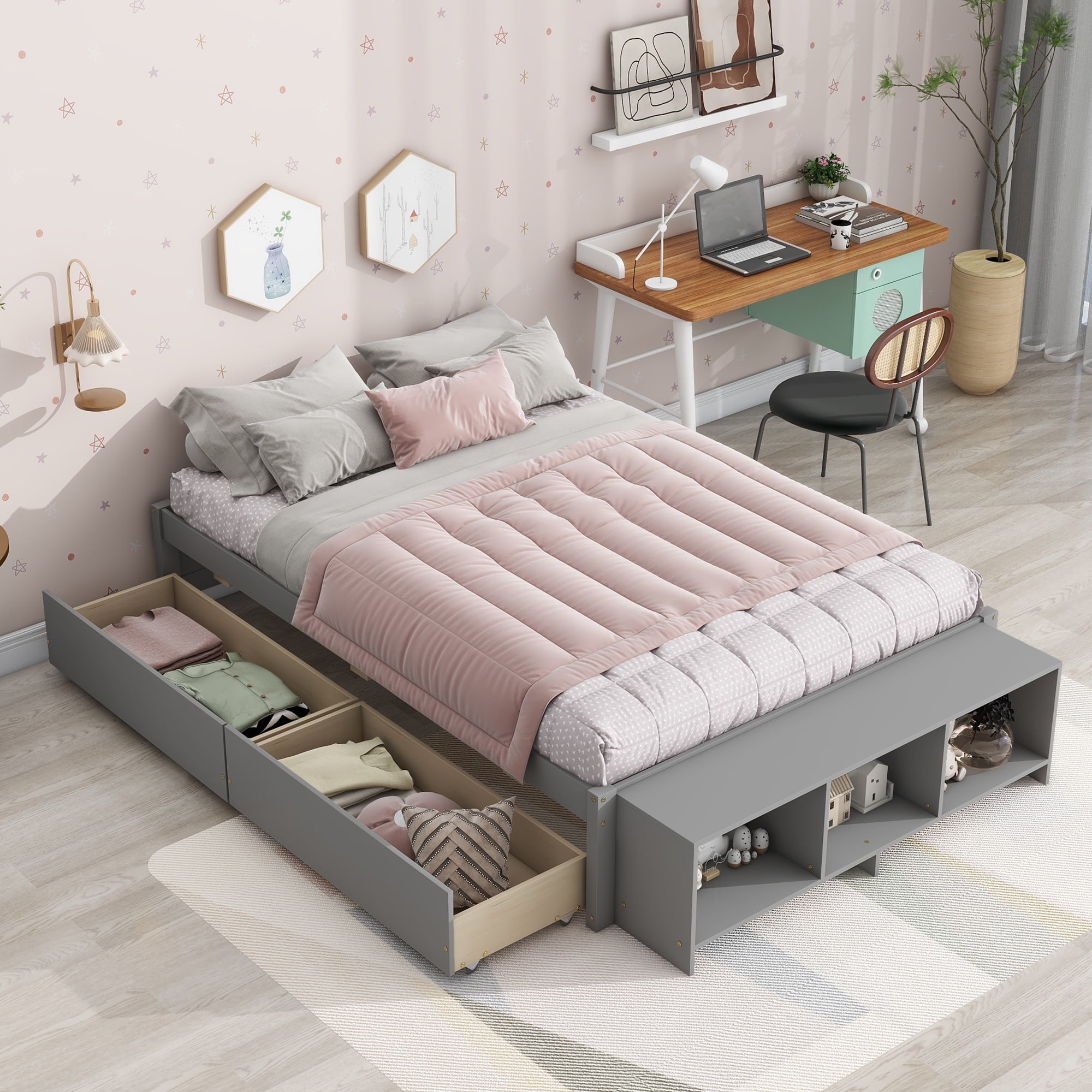 porkiss-kids-full-bed-frames-with-2-drawers-and-storage-case-low