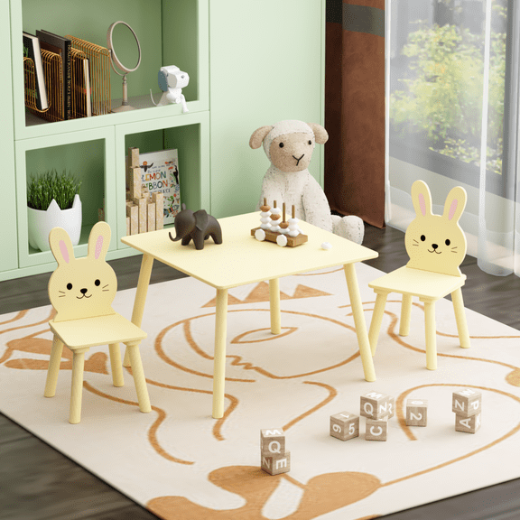 PORKISS Kids Table and 2 Bunny Chairs Set, 3 Pieces Wood Activity Table Drawing Play Table and Chairs Set, Adorable Animal Design Study Desk Table Chairs Set for Toddler, Yellow