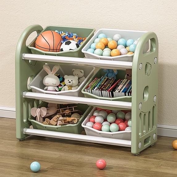 PORKISS Kids Toy Organization Bookcase with 6 Bins, Multi-functional Nursery Storage Organizer Bookshelf with HDPE Shelf for Children's Room Playroom, Green