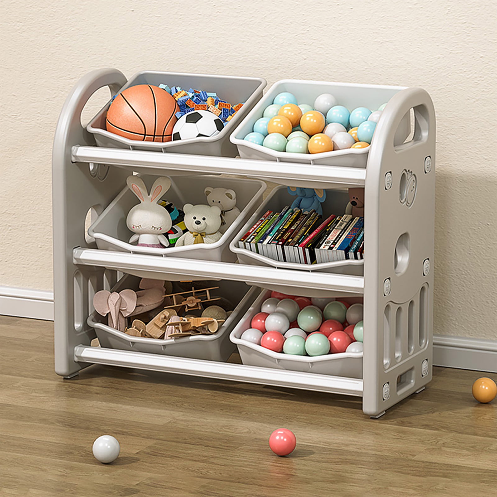 PORKISS Kids Toy Organization Bookcase with 6 Bins, Multi-functional Nursery Storage Organizer Bookshelf with HDPE Shelf for Children's Room Playroom, Grey