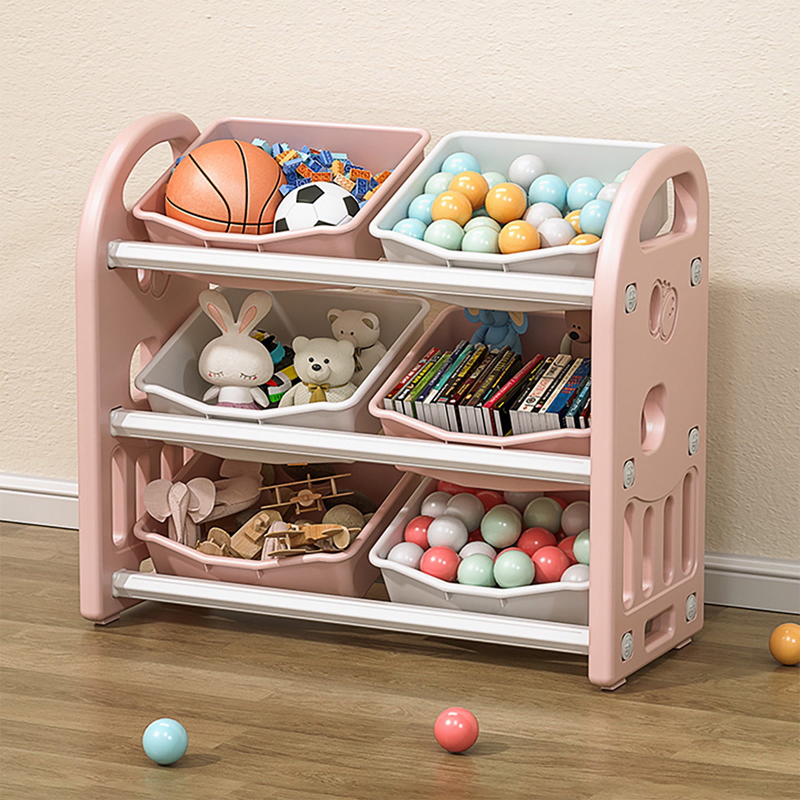 PORKISS Kids Toy Organization Bookcase with 6 Bins, Multi-functional Nursery Storage Organizer Bookshelf with HDPE Shelf for Children's Room Playroom, Pink