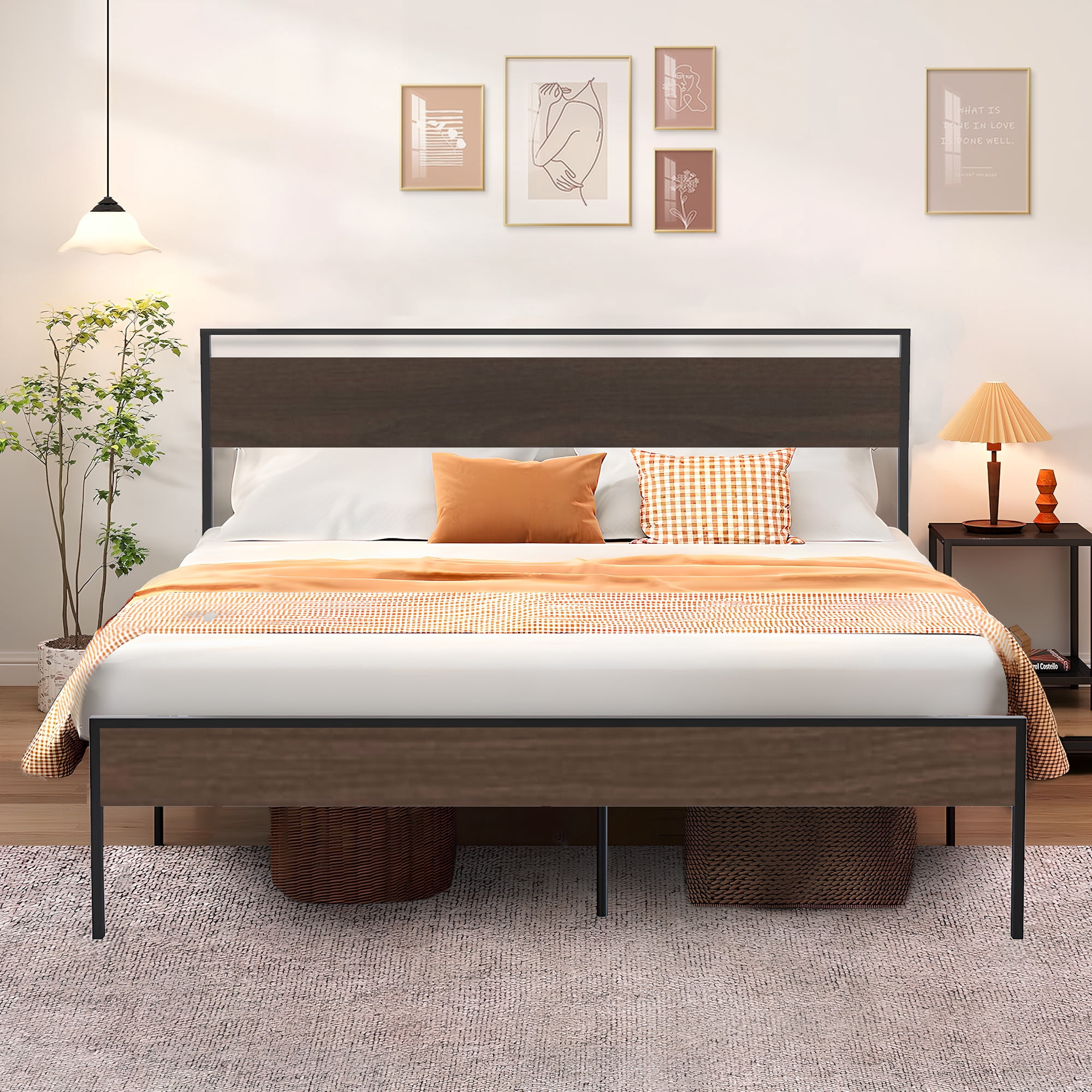 PORKISS King Size Wood Headboard Vintage Metal Platform Bed, Walnut ...