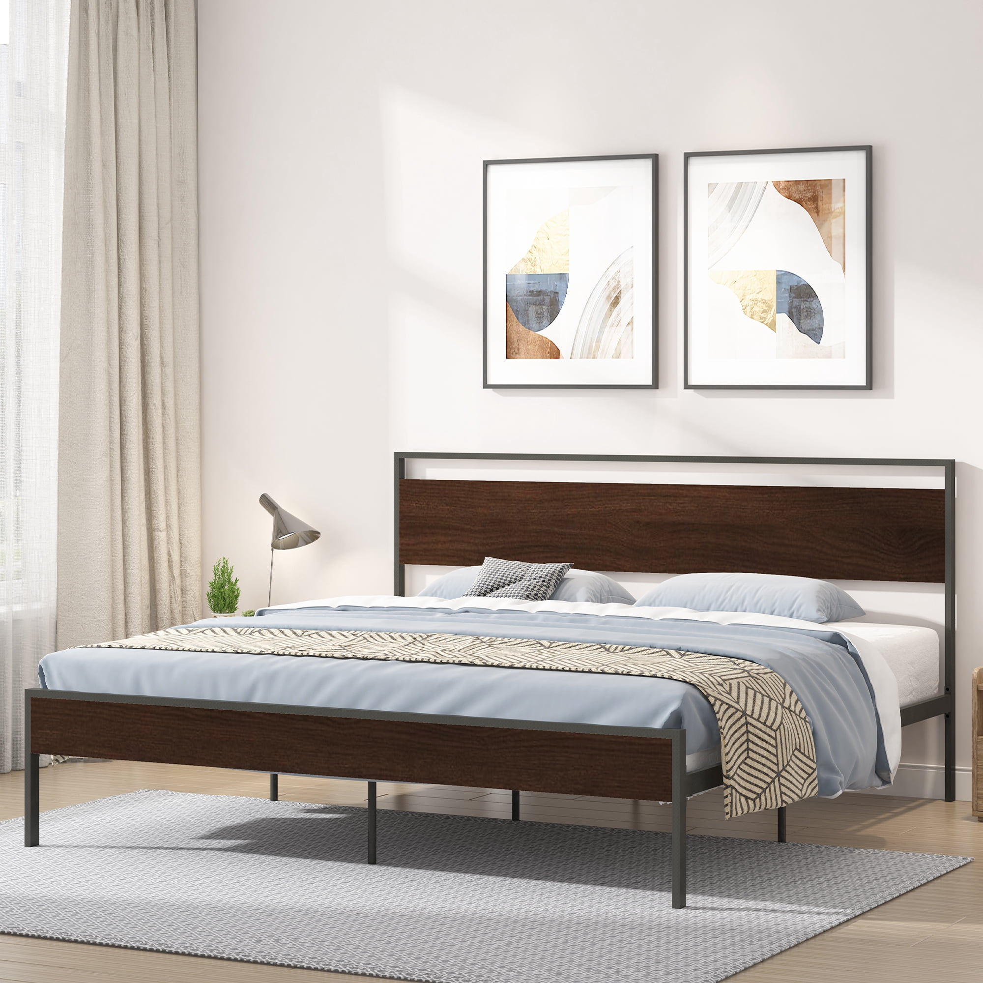 PORKISS King Size Metal Platform Bed Frame with Wood Headboard ...
