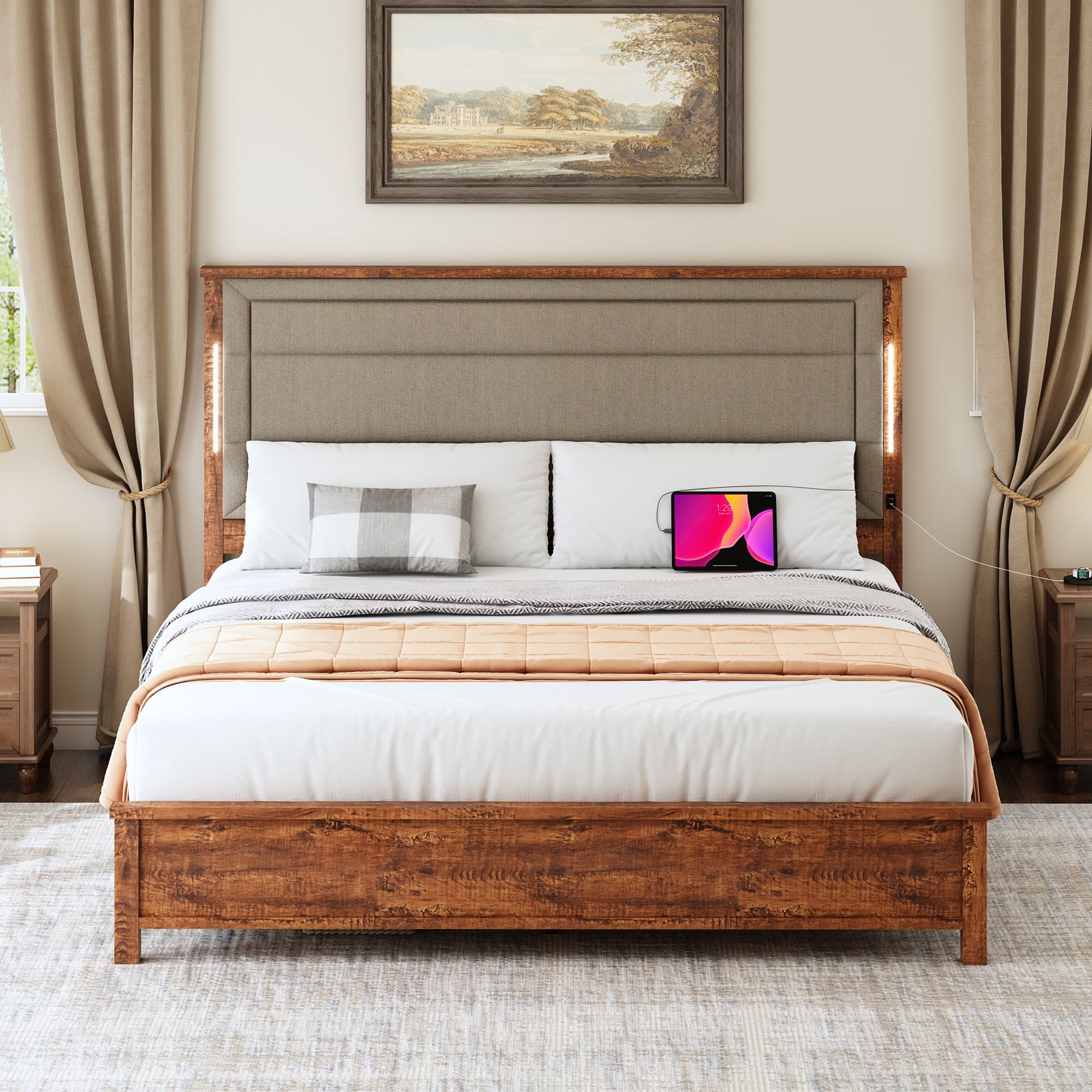 PORKISS King Size Platform Bed Frame with Upholstered Headboard, Wood