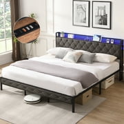 PORKISS King Size Upholstered Bed Frame with Charging Station and LED Lights, Metal Platform Bed Frame with Metal Slats, No Box Spring Needed, Dark Gray