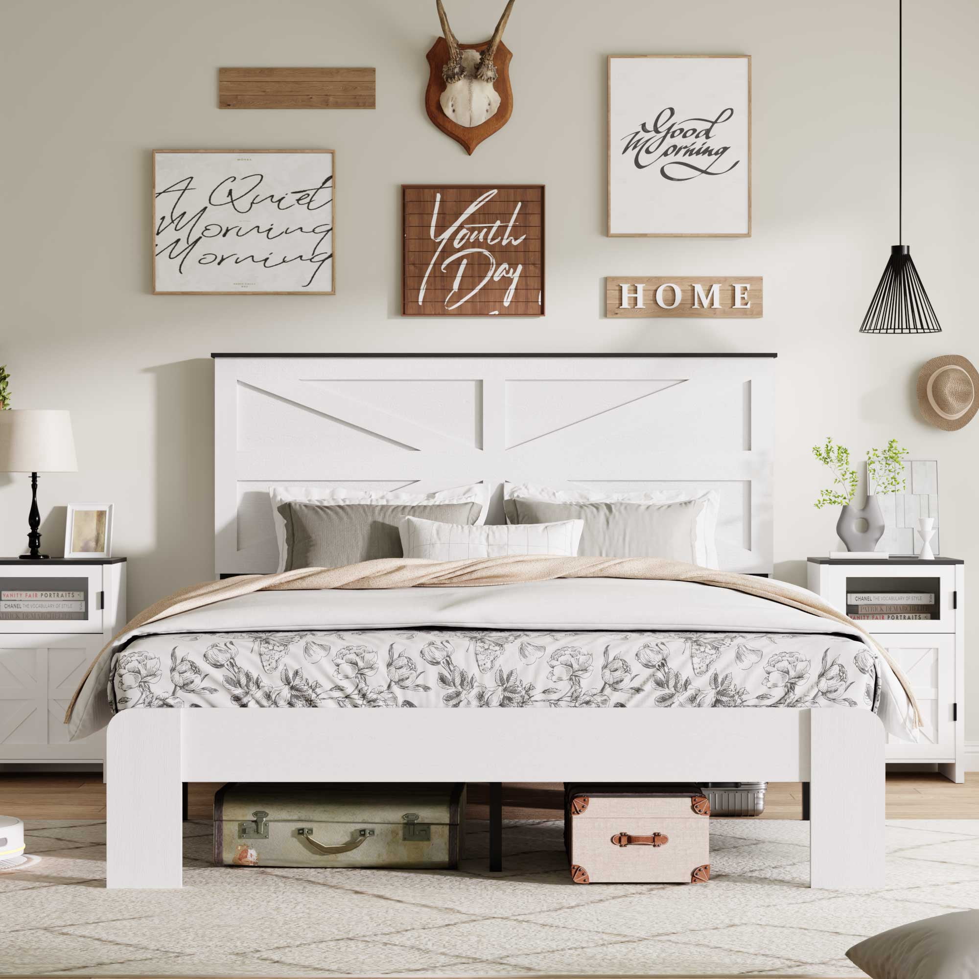 PORKISS King White Farmhouse Bed Frame with Geometric Headboard, Platform Bed Frame with Under-Bed Storage, Metal Slat Support, No Box Spring Needed