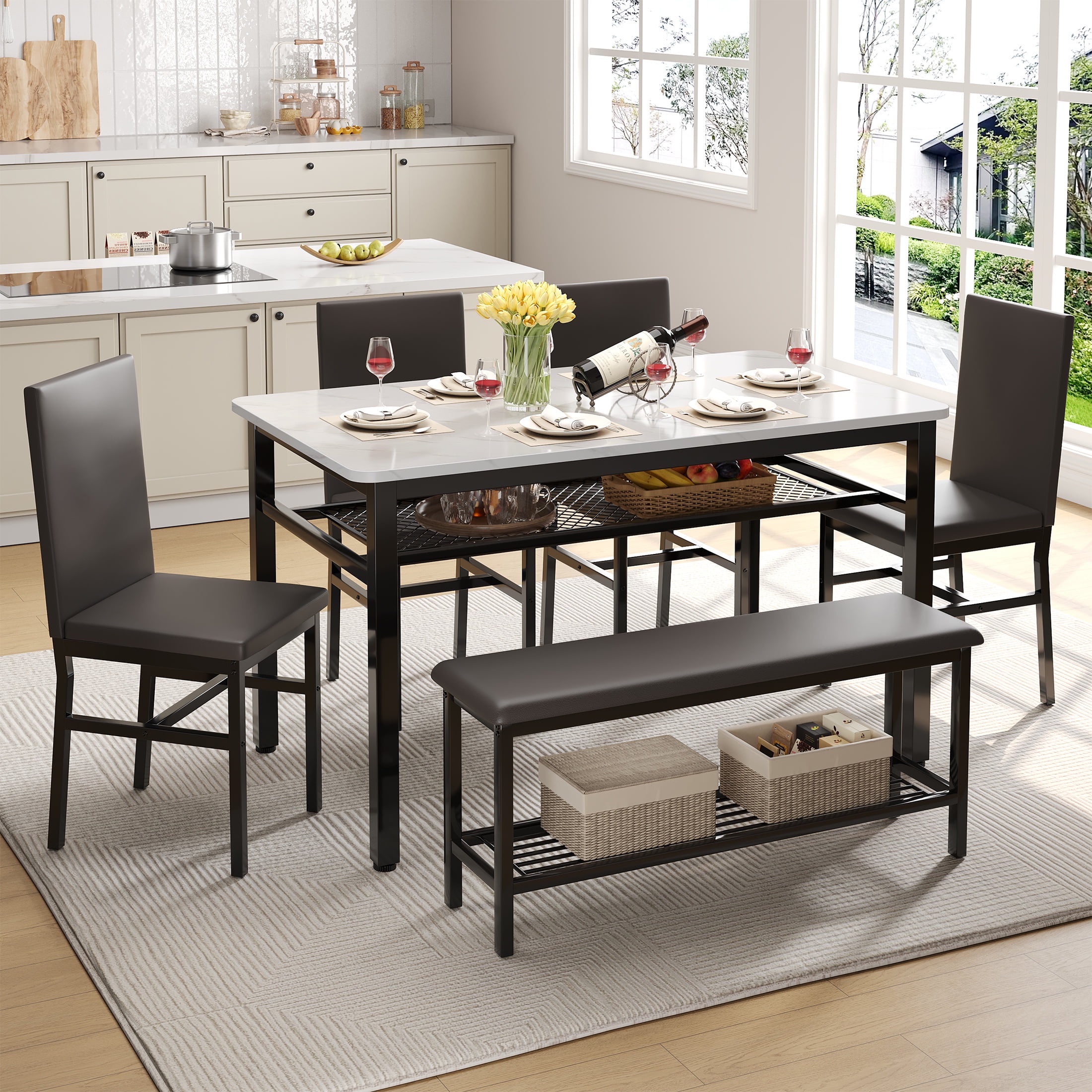 PORKISS 6 Piece Dining Set with Bench, Modern Dining Table Set for 6, Large Kitchen Table and Chairs for 6 Persons, Rectangle Dinette Sets with 4 Chairs and 1 Bench for Family, Black + White