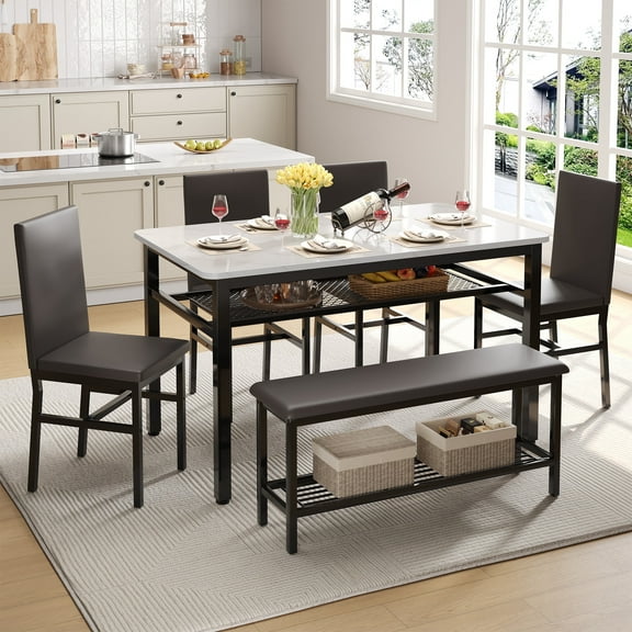 PORKISS 6 Piece Dining Set with Bench, Modern Dining Table Set for 6, Large Kitchen Table and Chairs for 6 Persons, Rectangle Dinette Sets with 4 Chairs and 1 Bench for Family, Black + White