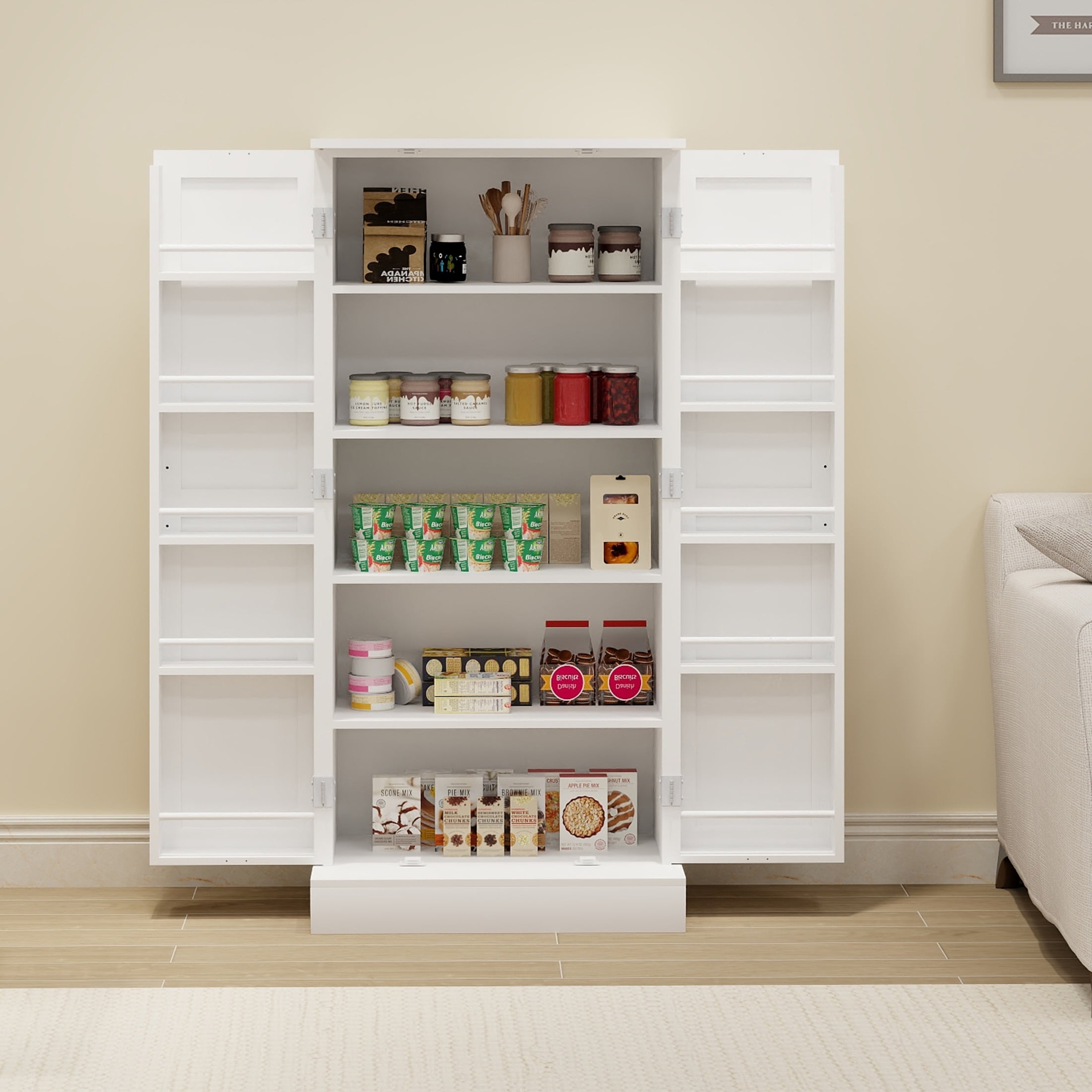 PORKISS Kitchen Pantry Cabinet, Wood LED Pantry Storage with 2 Doors and Adjustable Shelves, Freestanding Buffet Cupboard for Dining Room, Living Room, White