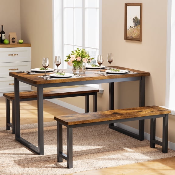 PORKISS 47.2" Dining Table Set for 4, Kitchen Table with 2 Benches, Wood Dining Room Dinette Sets with Metal Frame for Breakfast Nook and Small Space - Brown