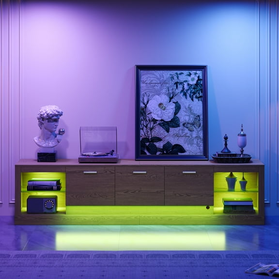 PORKISS LED TV Stand for up to 85" TVs, 78.7" Large Entertainment Center Console Table Open Shelf with 4 Storage Cabinets, Natural Wood