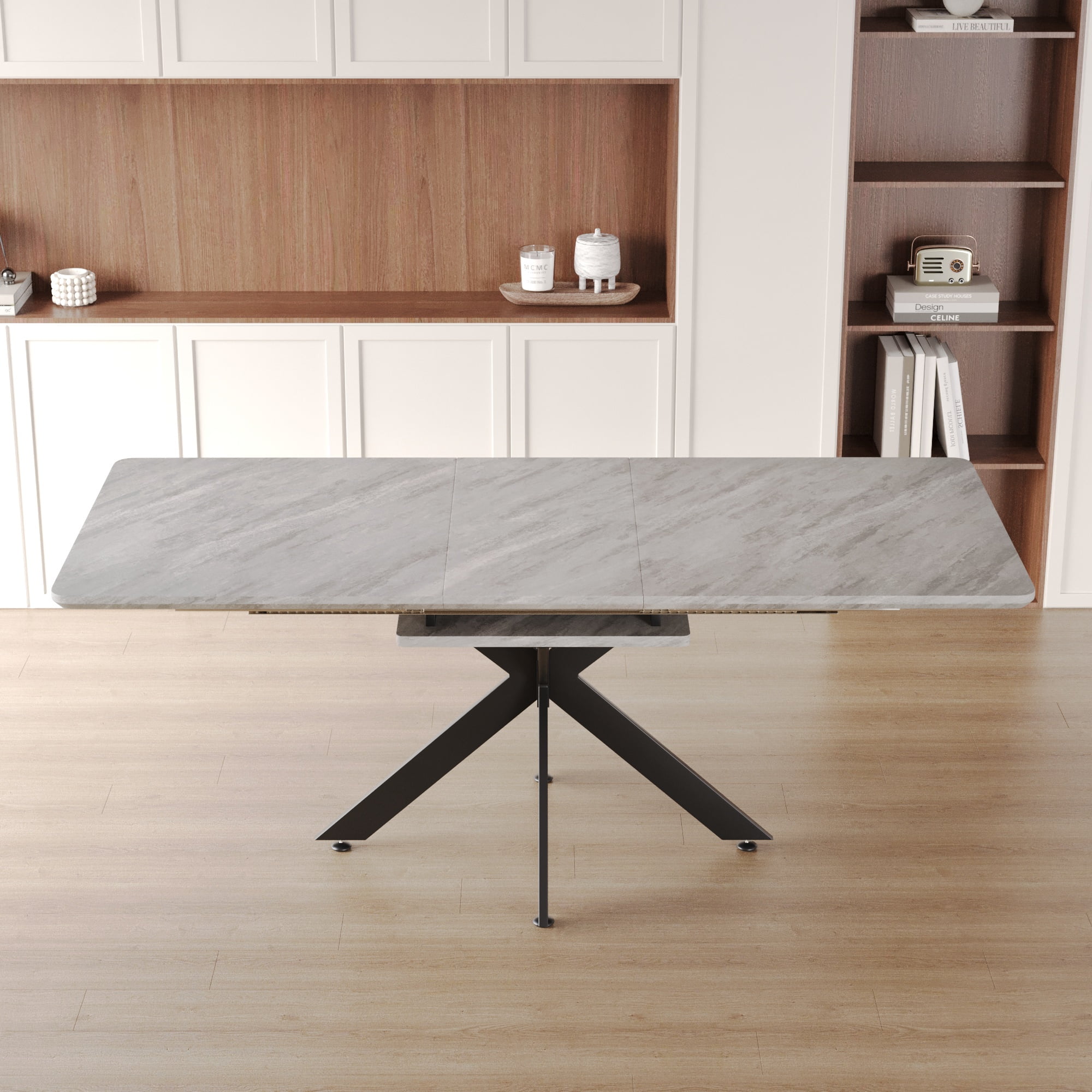PORKISS Large Mobile Extendable Dining Table for 8-10 People, 78.15" Kitchen Table with Wood Top and Steel Legs, Rectangular Table for Dining Room, Living Room, Party, Conference, Grey+Black