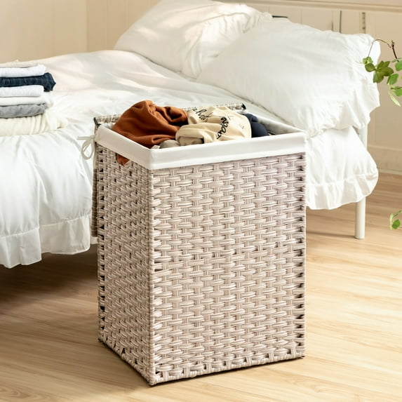 PORKISS Laundry Basket with Lid, Laundry Hamper for PE Rattan, Waterproof Square Clothes Hamper with Removable Bags for Dorm Clothes Toy Storage, 26.4 Gal. Light Gray