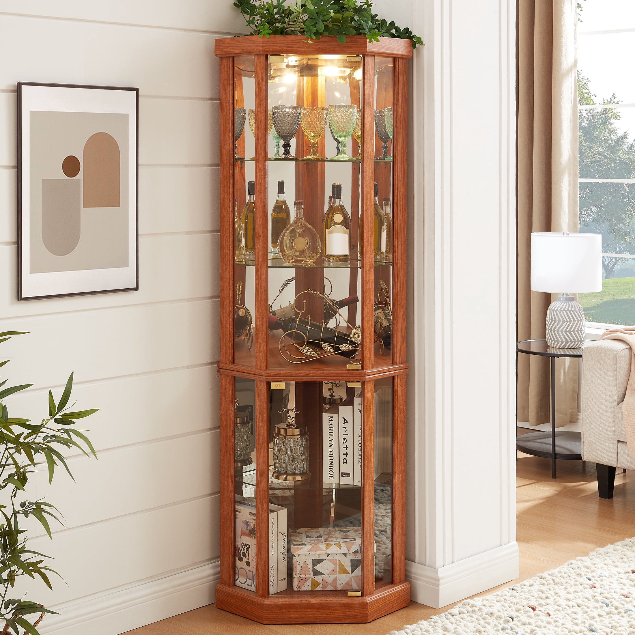 PORKISS Lighted 3-Side Glass Display Curio Cabinet with Tempered Glass Doors and Shelves, China Cabinet Wood Corner Cabinet with Bulb, Corner Curio Storage Rack for Bar, Liquor Storage, Dark Oak