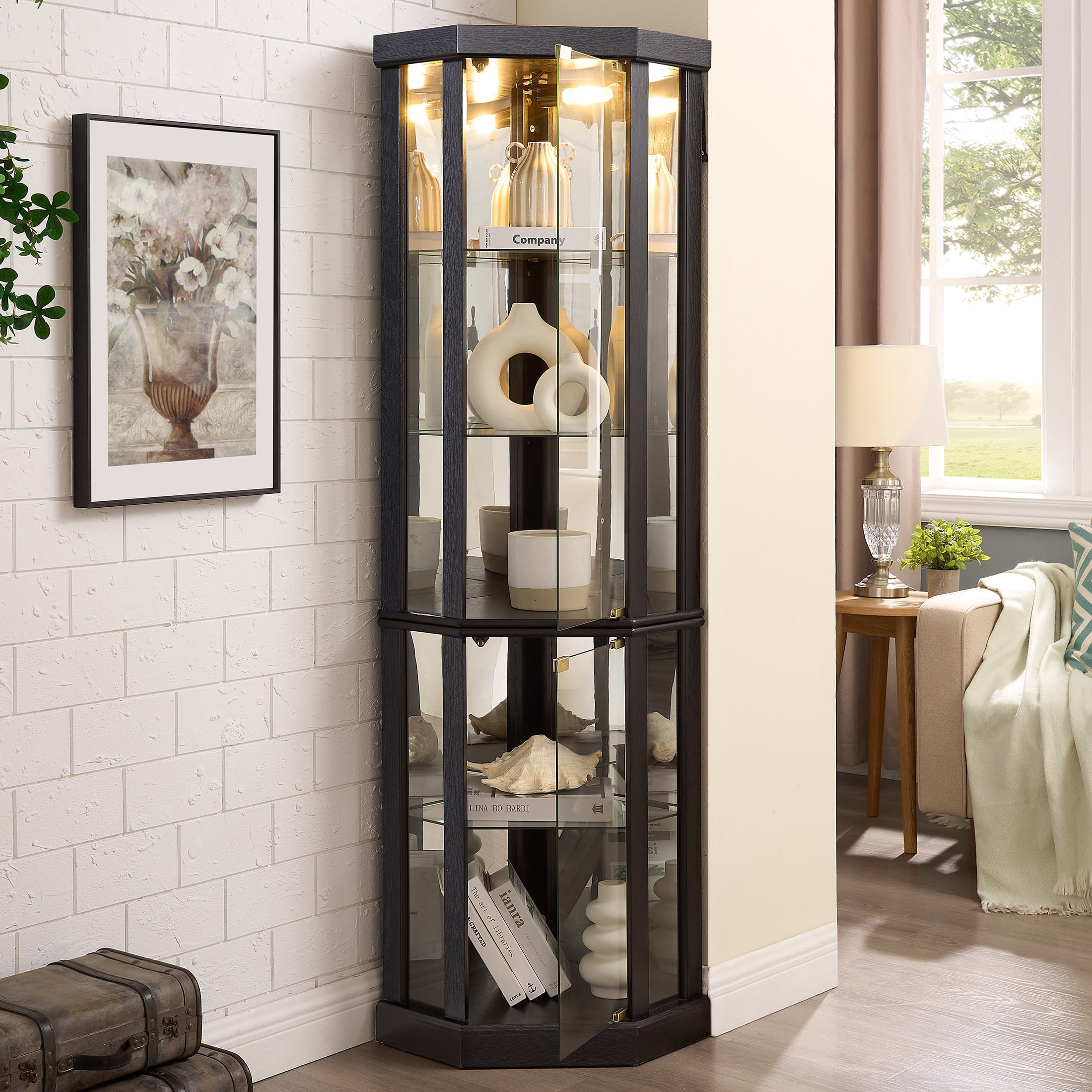 PORKISS Lighted 3-Side Glass Display Curio Cabinet with Tempered Glass ...