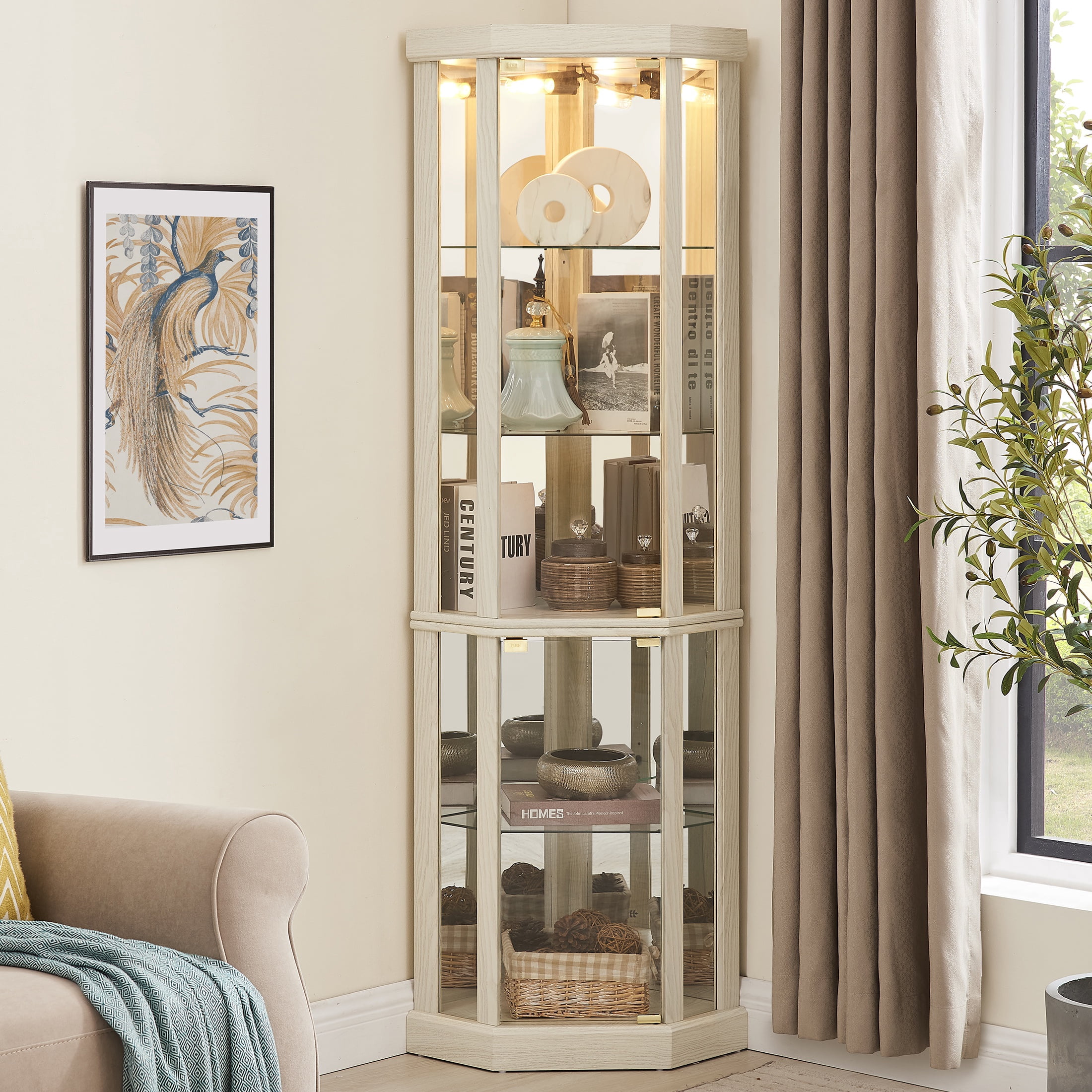 PORKISS Lighted 3-Side Glass Display Curio Cabinet with Tempered Glass Doors and Shelves, China Cabinet Wood Corner Cabinet with Bulb, Corner Curio Storage Rack for Bar, Liquor Storage, White