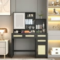 thumbnail image 1 of PORKISS Lighted Vanity Desk, Wood Makeup Vanity Table with Sliding Mirror and LED Lights, Modern Dressing Table with Cabinet, Drawers and Shelves, Rattan Makeup Vanity for Bedroom, Black, 1 of 10