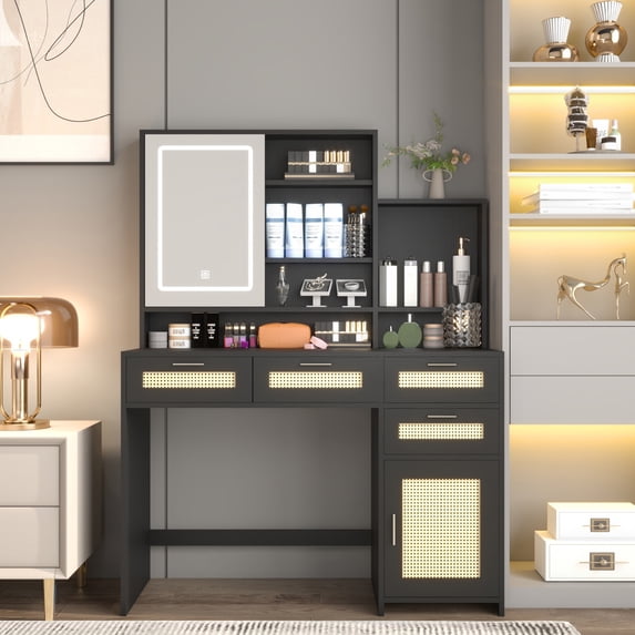 PORKISS Lighted Vanity Desk, Wood Makeup Vanity Table with Sliding Mirror and LED Lights, Modern Dressing Table with Cabinet, Drawers and Shelves, Rattan Makeup Vanity for Bedroom, Black