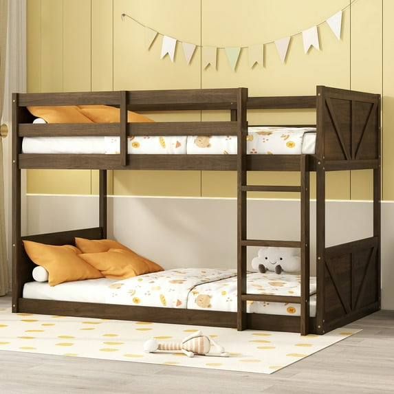 PORKISS Low Bunk Beds for Kids, New Upgraded Twin Over Twin Floor Bunk Bed with Ladder, Modern Bedroom Furniture Wood Bunk Bed for Boys Girls Teens, Easy Assembly, Antique Dark Oak