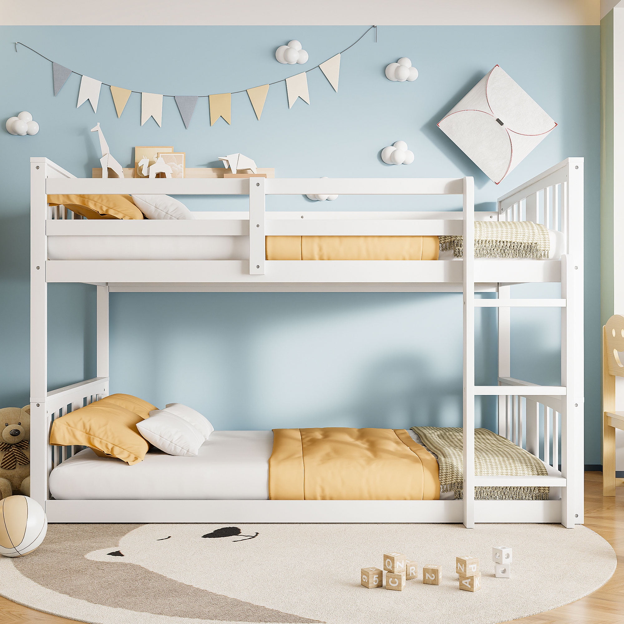 PORKISS Low Bunk Beds for Kids, New Upgraded Twin Over Twin Floor Bunk Bed with Ladder, Modern Bedroom Furniture Wood Bunk Bed for Boys Girls Teens, Easy Assembly, White