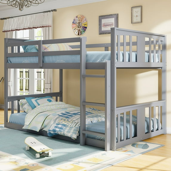 PORKISS Low Bunk Beds for Kids, New Upgraded Twin Over Twin Floor Bunk Bed with Ladder, Modern Bedroom Furniture Wood Bunk Bed for Boys Girls Teens, Easy Assembly, Gray