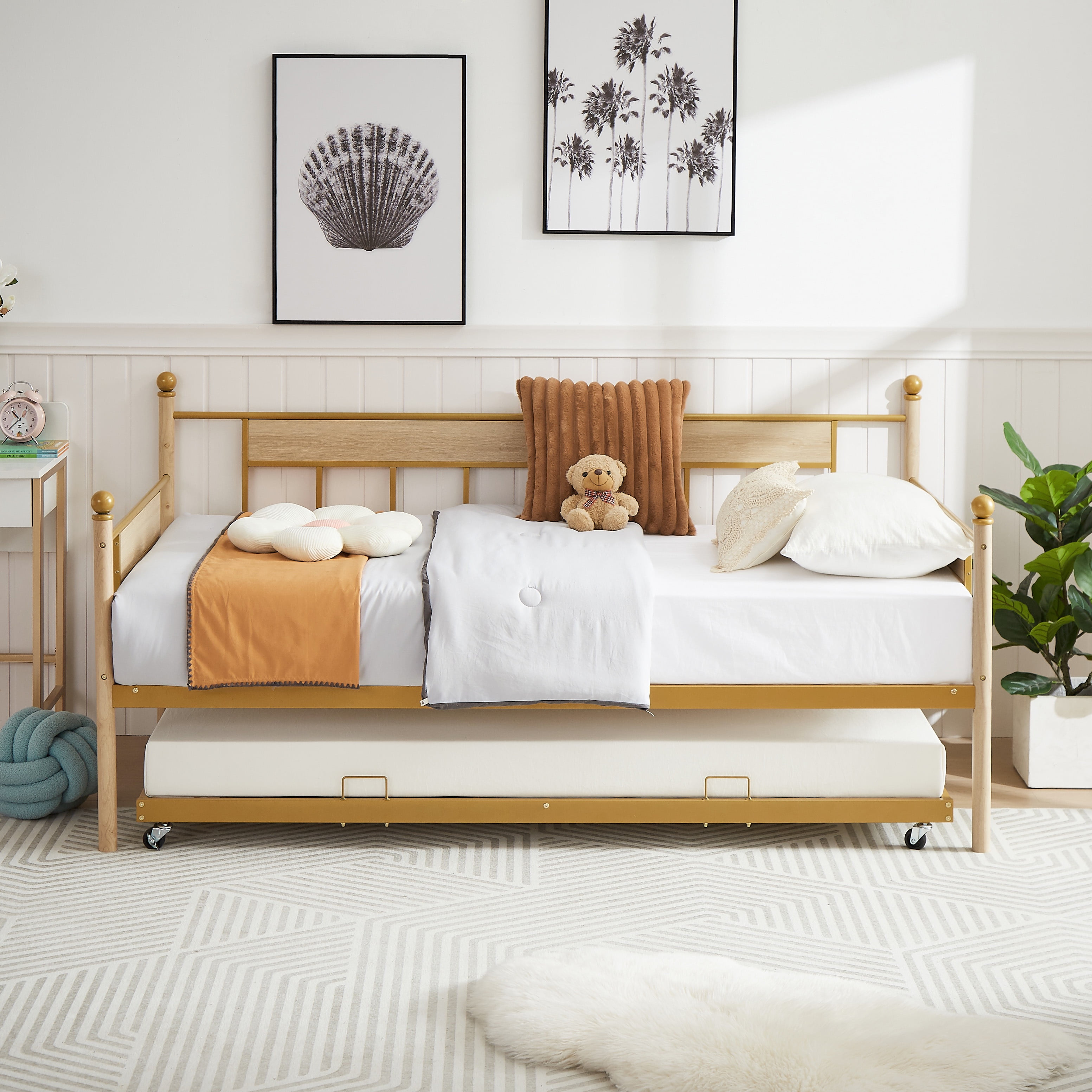 PORKISS Daybed, Steel & Wood Daybed with Trundle and Metal Frame, Modern Sofa Bed with Twin Size Frame for Bedroom, Apartment, and Living Room, Natural & Golden