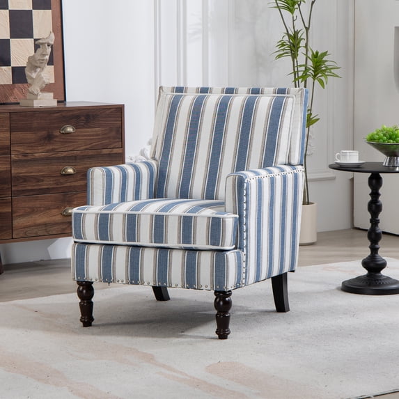 PORKISS Mid-Century Accent Chair, Modern Arm Chair Linen Fabric Upholstered Comfy Reading Accent Chair with Solid Wood Frame for Living Room Bedroom Sunroom, Blue and White