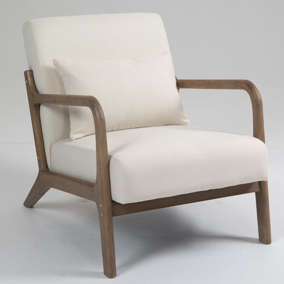 PORKISS Mid-Century Accent Chair, Linen Upholstered Armchair with Wood Frame and Pillow, Modern Reading Chair for Living Room, Bedroom, Sunroom,White