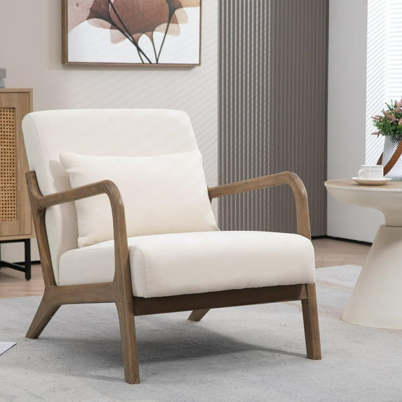 PORKISS Mid-Century Accent Chair, Velvet Upholstered Arm Chair with Wood Frame and Waist Cushion, Modern Armchair, Reading Chair for Living Room, Bedroom, Sunroom,White