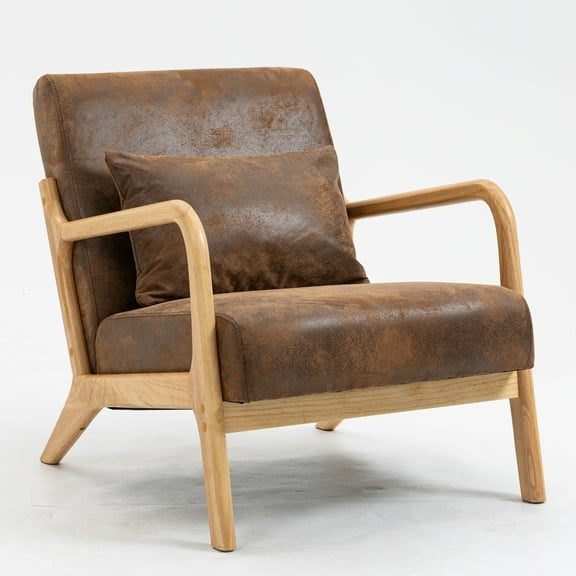 PORKISS Modern Arm Chair Velvet Fabric Upholstered Comfy Reading Accent Chair with Solid Wood Frame and Pillow, Armchair Comfort Club Chair Lounge Chair for Living Room Bedroom Sunroom, Brown