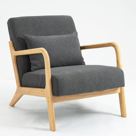 PORKISS Modern Arm Chair Velvet Fabric Upholstered Comfy Reading Accent Chair with Solid Wood Frame and Pillow, Armchair Comfort Club Chair Lounge Chair for Living Room Bedroom Sunroom, Grey