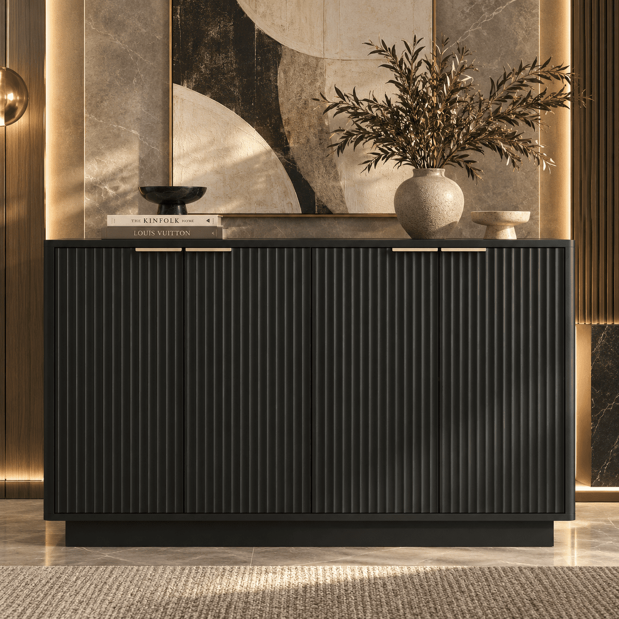 PORKISS 55.1" Fluted Sideboard, Modern Wood Buffet Cabinet with Storage, Accent Cabinet with Adjustable Shelves for Dining Room, Living Room & Entryway, Black
