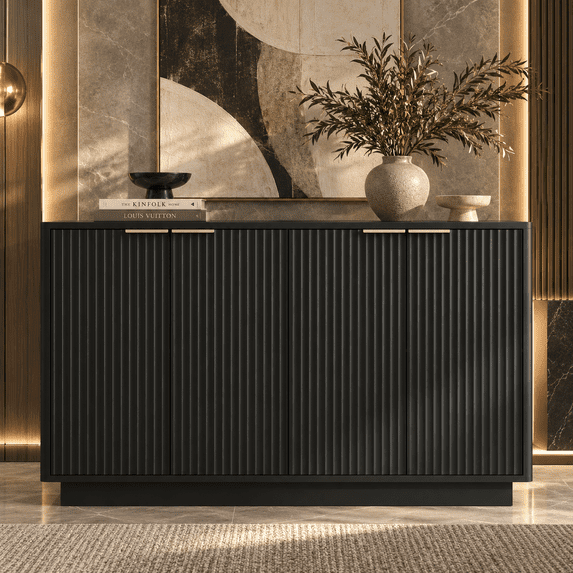 PORKISS 55.1" Fluted Sideboard, Modern Wood Buffet Cabinet with Storage, Accent Cabinet with Adjustable Shelves for Dining Room, Living Room & Entryway, Black