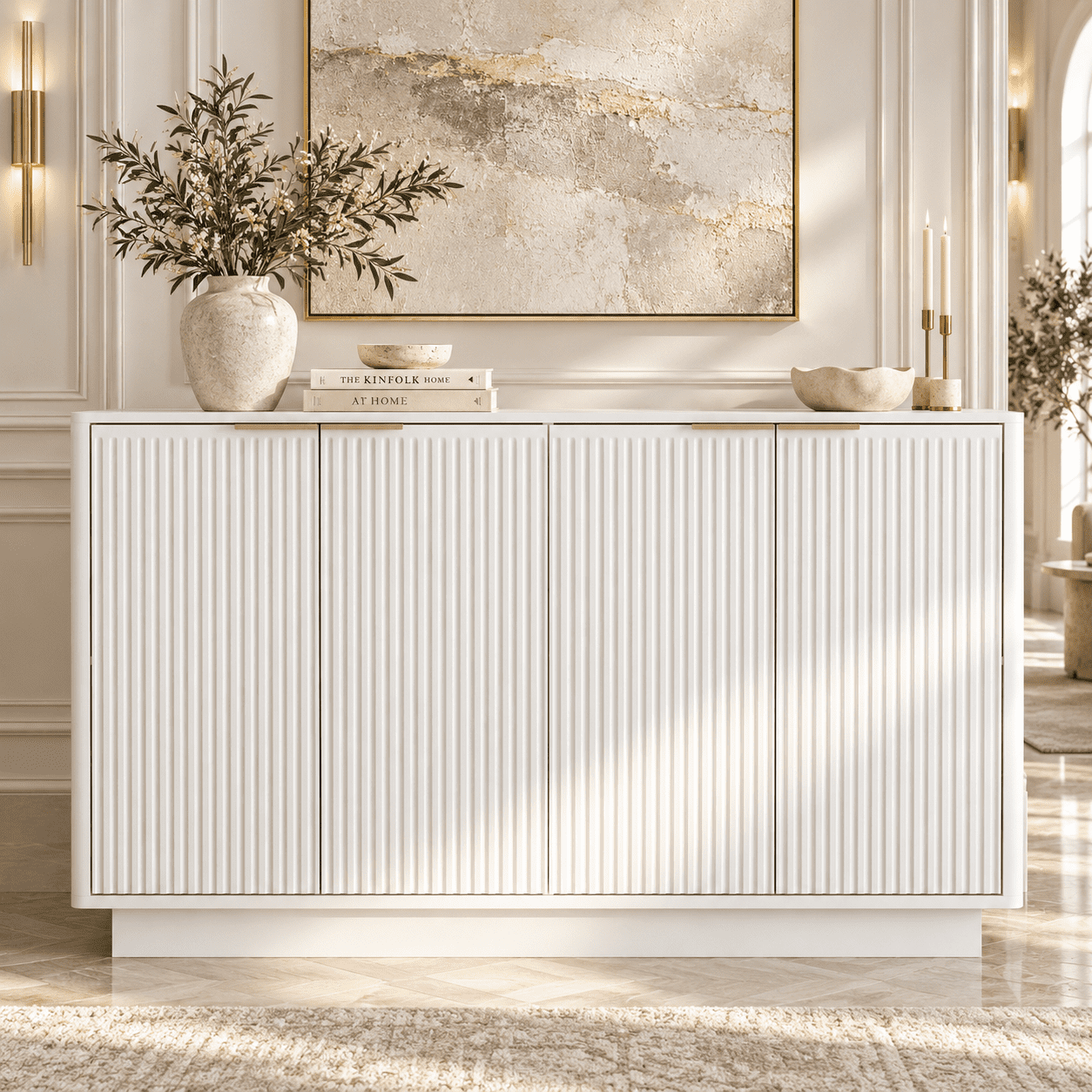 PORKISS 55.1" Fluted Sideboard, Modern Wood Buffet Cabinet with Storage, Accent Cabinet with Adjustable Shelves for Dining Room, Living Room & Entryway, White