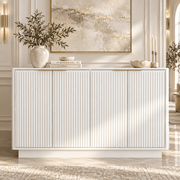 PORKISS 55.1" Fluted Sideboard, Modern Wood Buffet Cabinet with Storage, Accent Cabinet with Adjustable Shelves for Dining Room, Living Room & Entryway, White